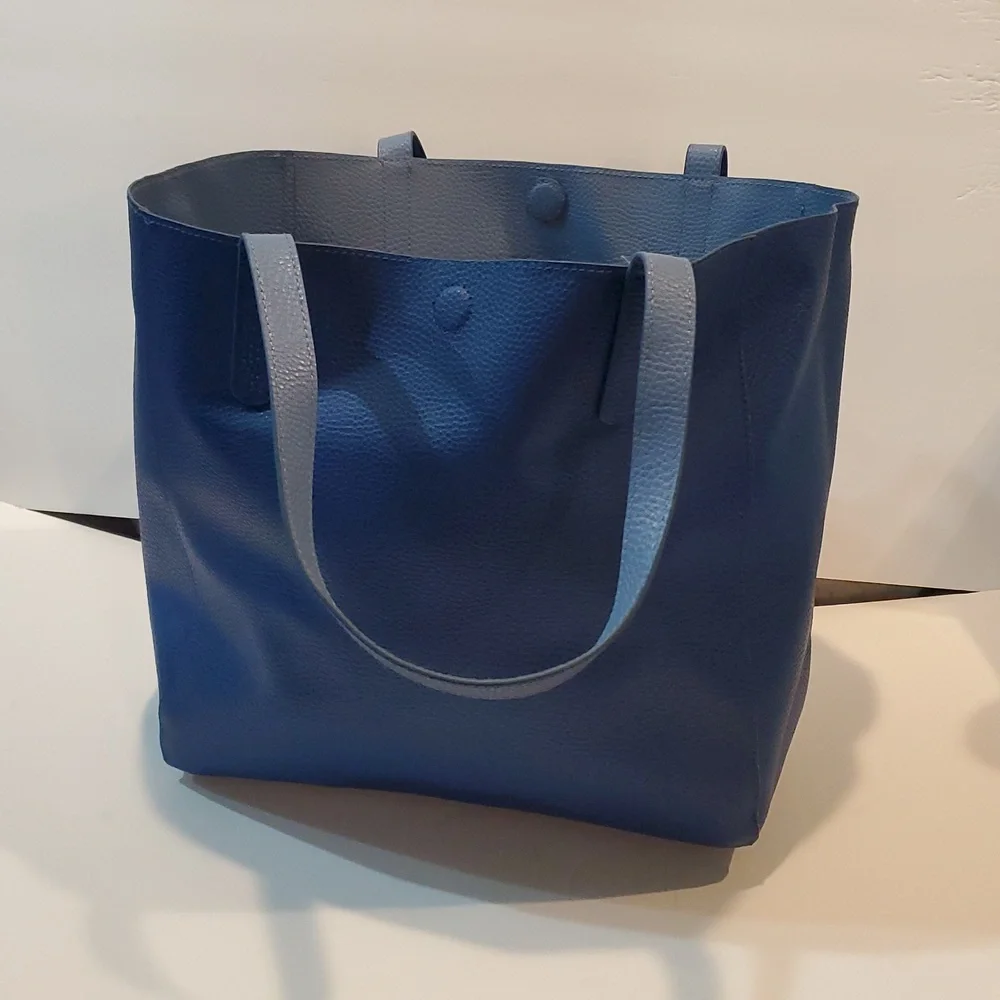 Reversible Blue Tote Bag Pebbled Faux Leather Dark & Light Blue Magnetic Closure